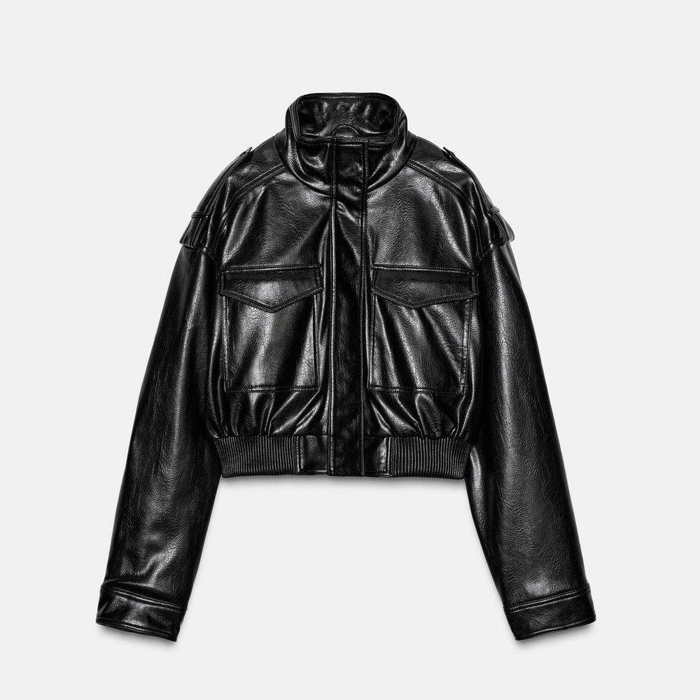 Zara Black Faux Leather Cropped Bomber Jacket Funnel Neck Shoulder Tabs L Edgy